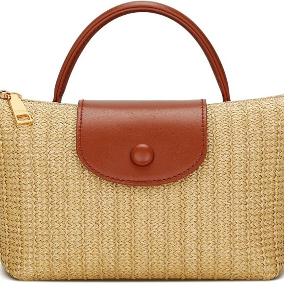 Handbags - Brown Straw Woven Crossbody Bag - Summer Beach Purse with Adjustable Strap